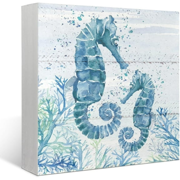7X7 Inch Watercolor Seahorse Wood Box Sign Desk Decor Rustic Nautical Wooden Box Block Sign Decorations For Coastal Beach House Bathroom Wall Tabletop Desk Decor