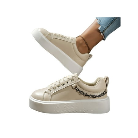 

Rotosw Woman Skate Shoe Round Toe Fashion Sneaker Platform Casual Walking Shoes Comfortable Lace Up Sneakers Daily Lightweight Flats Beige 9