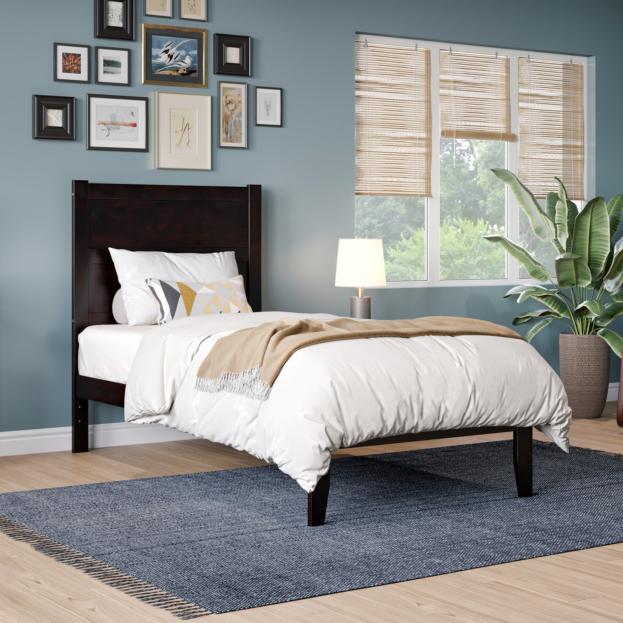 AFI NoHo 14" Twin Wood Platform Bed Frame with Modern Panel Headboard, Espresso