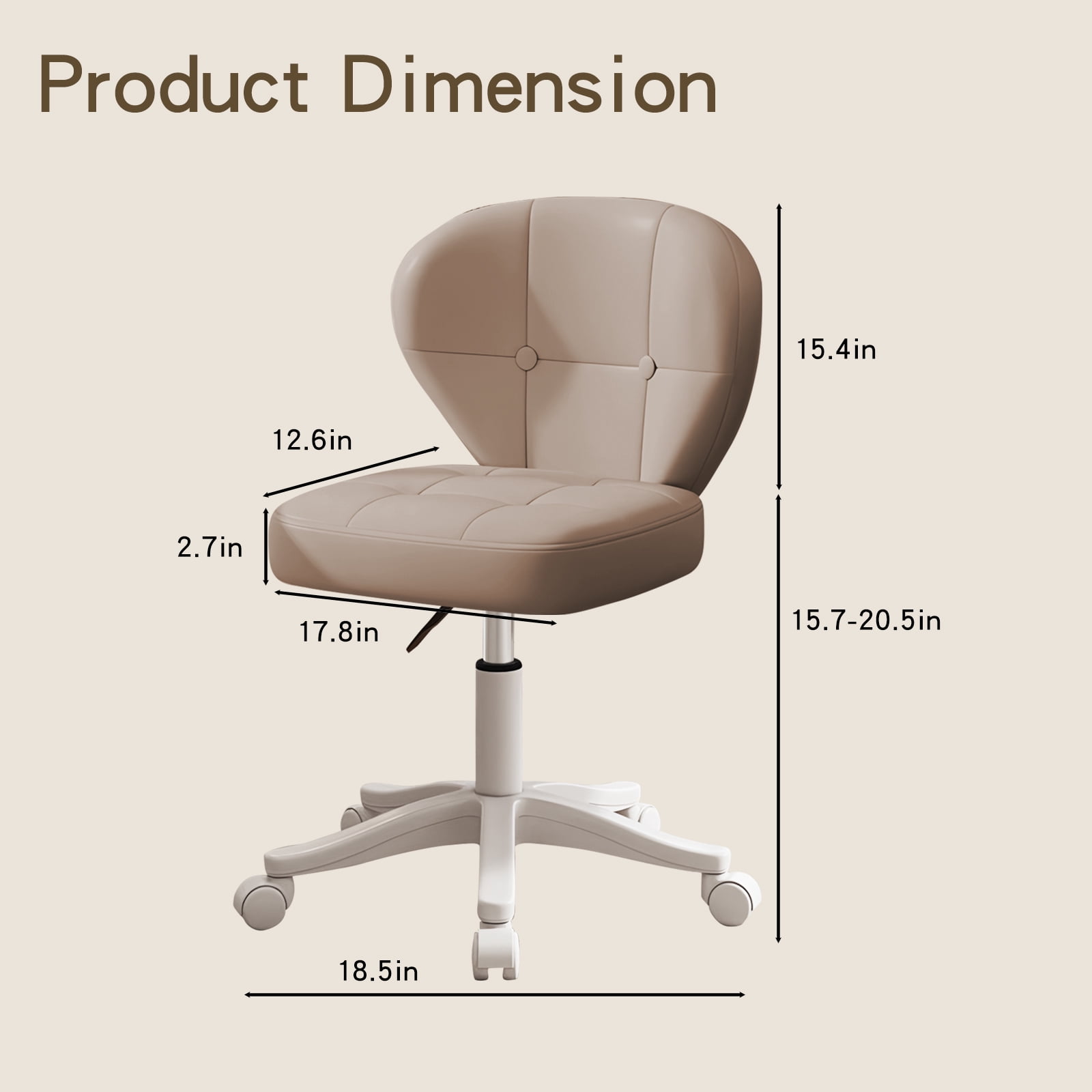 Vanity Chair with Back – Small Armless Office Chair with Wheels, Lumbar Support, PU Leather, Adjustable Height, 360° Swivel for Home, Bedroom, Office Khaki