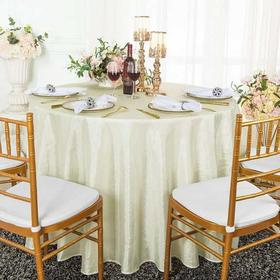 Wedding Linens Inc. 132" Round Crushed Taffeta Tablecloth Crinkle Taffeta Tablecloths Table Cover Linens for Wedding, Events, Decorations - Ivory