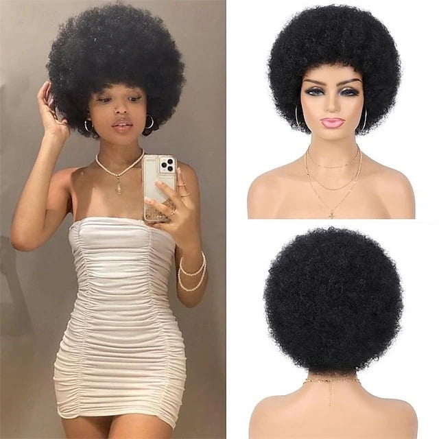 Zhuge Peluca afro suave de los años 70 para mujeres Pelucas de cabello afro rizado con flequillo Peluca afro de cabello sintético Peluca afro para uso diario en fiestas, Negro natural
