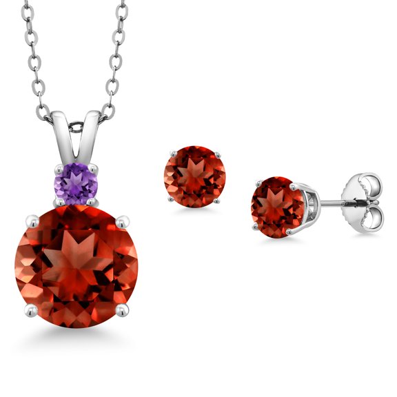 Gem Stone King 925 Sterling Silver Round Red Garnet and Purple Amethyst Pendant and Earrings Jewelry Set for Women (5.76 Cttw, Gemstone Birthstone, with 18 inch Chain)
