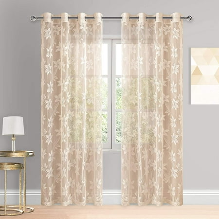 Floral Lace Sheer Curtains Grommet Window Voile Sheer Drapes for ...