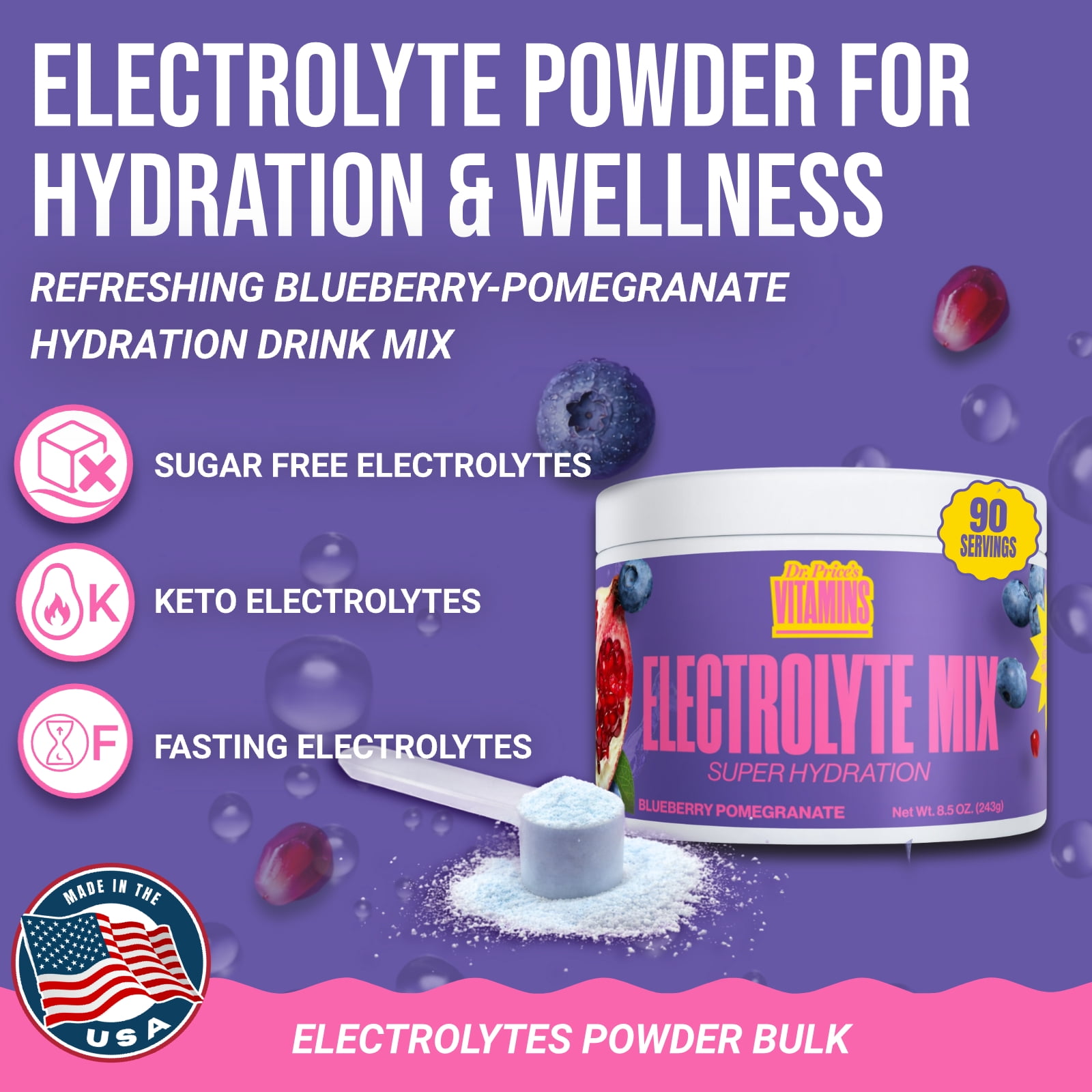 Dr. Price’s Electrolyte Mix – Blueberry Pomegranate Flavor, 90 Servings | Sugar-Free Hydration Powder with Trace Minerals | Gluten-Free, No Sugar