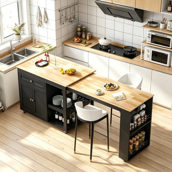 JSFHNTG 77.8'' Rolling Kitchen Island with Expandable Dining Top, with Storage, Space Saving Design for Small Spaces, Black