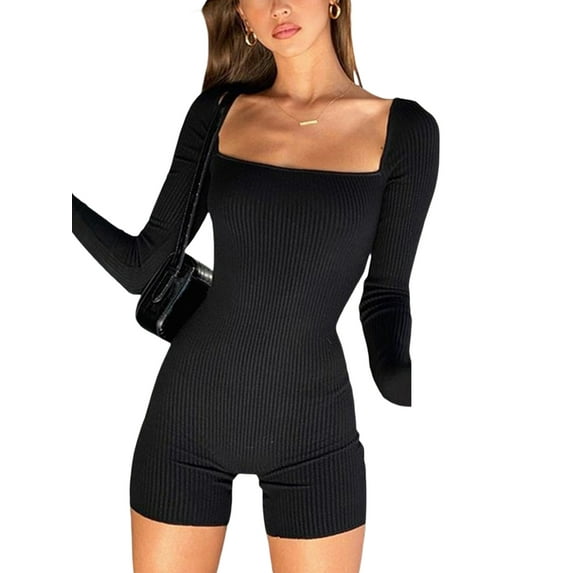 Qiylii Women Tight Jumpsuit Pajamas Square Neck Long Sleeves Romper Solid Color Yoga Sports Gym Bodysuit Summer Fashion