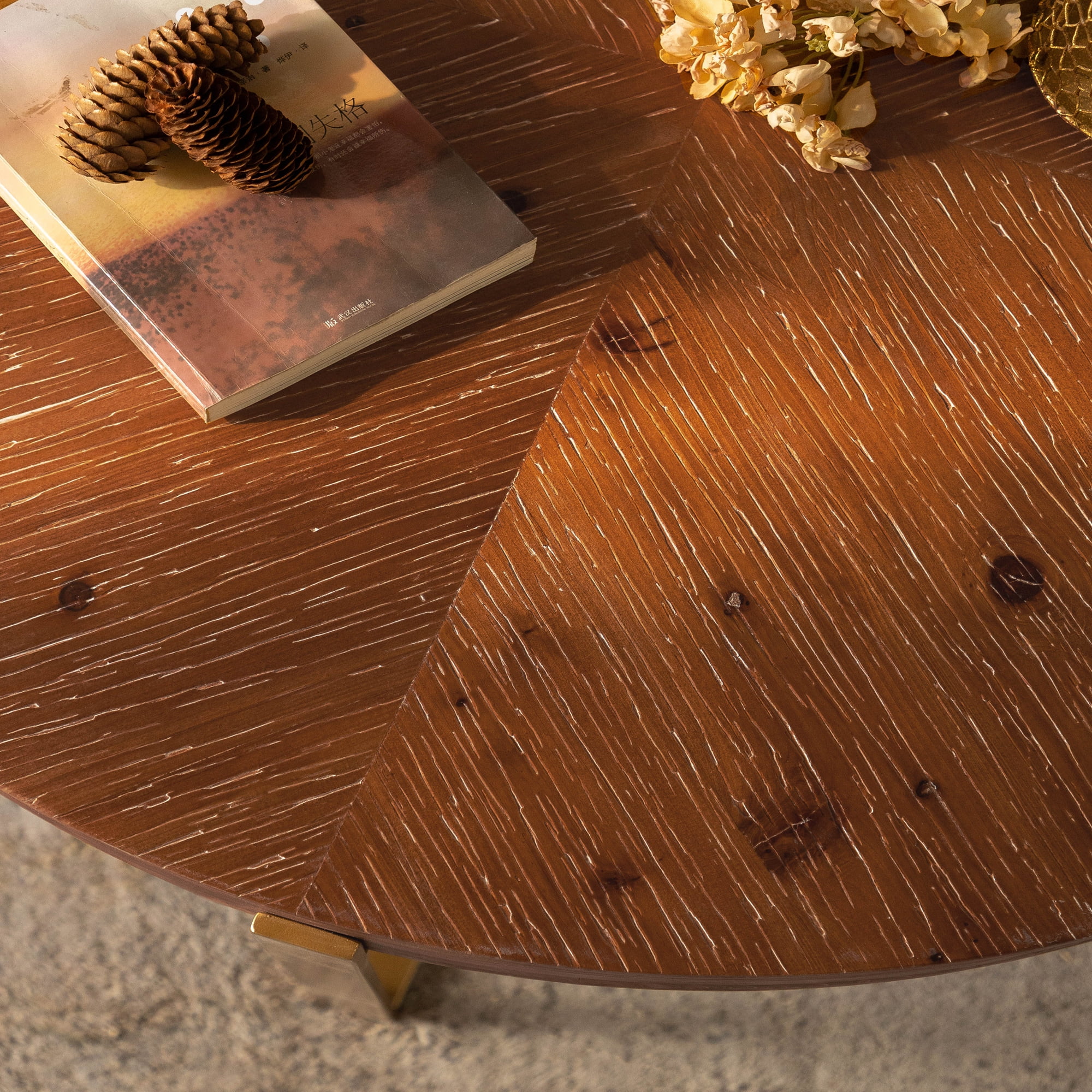 Shunda K Storage Round Fir Wood Coffee table, Gold