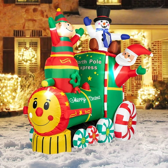 6ft Height Christmas Inflatable Santa Claus on The Train with Elf and Snowman Built-in LED Lights