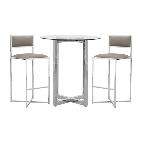 Modus Amalfi 3PC 32" Round Bar Glass Table & 2 X-Base Stool Set- Taupe