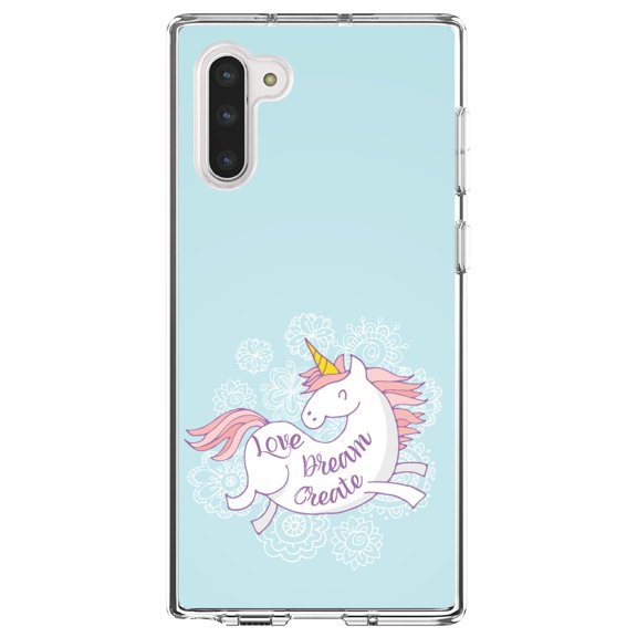 DistinctInk Clear Shockproof Hybrid Case for Samsung Galaxy Note 10 (6.3" Screen) - TPU Bumper, Acrylic Back, Tempered Glass Screen Protector - Flying Unicorn - Love / Dream / Create