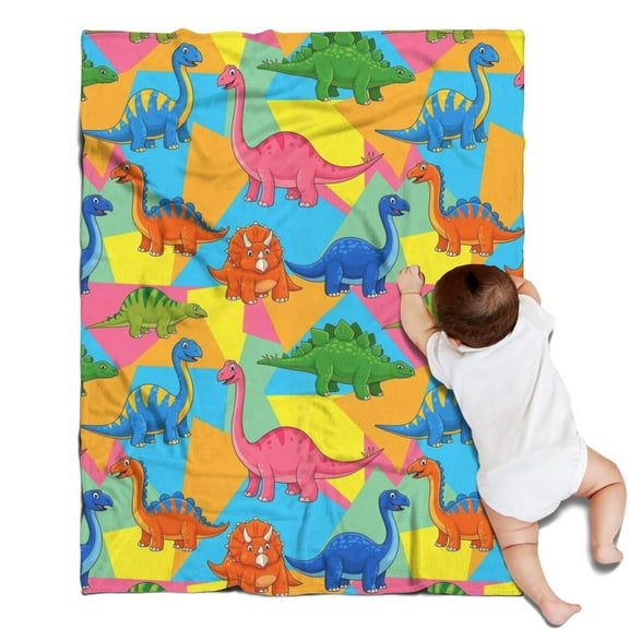 Colorful Cartoon Dinosaurs Geometric Pattern Blanket,Comfortable Soft Lamb Wool Throw Blanket,All Season,Warm Lightweight Blankets for Sofa Bed Couch Living Room Chair,30"x40"