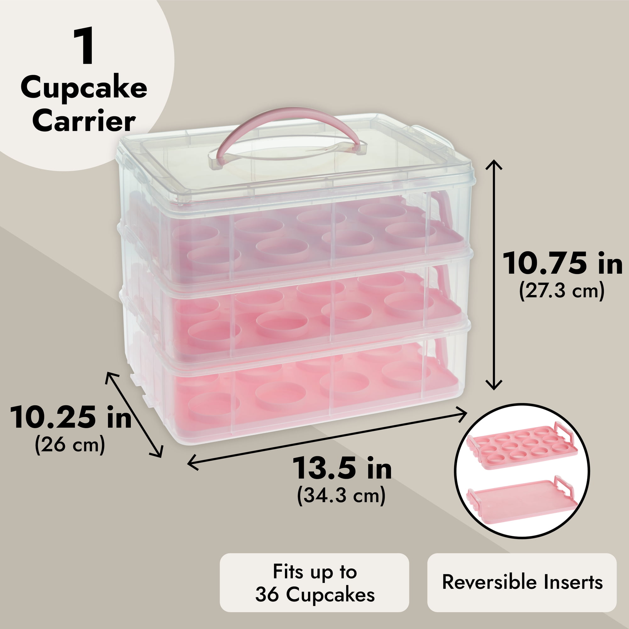 Juvale 3-Tier Cupcake Carrier - Airtight Plastic Container for Baking - Stackable Cupcake Containers & Removable Trays - Portable Cake Transport Holder - Holds 36, Pink, 13.5"x10.25"x10.75"