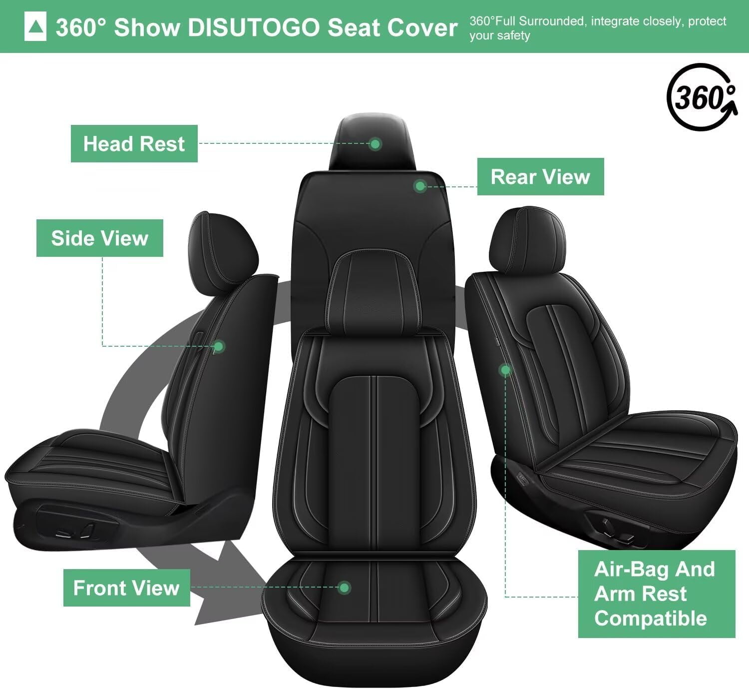 DIKSOAKR Car Seat Covers Fit for Ford F-150 2009-2025: First Row 2PCS Faux Leather Seat Covers Waterproof Automotive Seat Cushion Protector(2 Seats,Black)