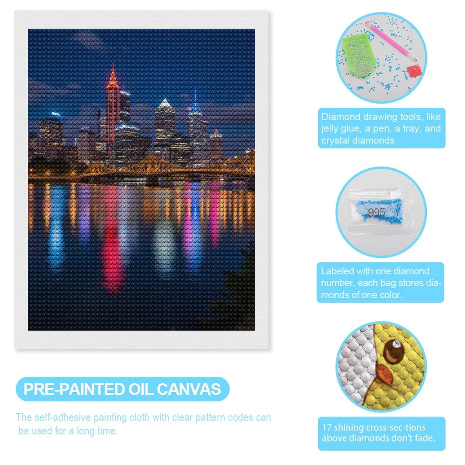 Diamond Art Kits for Adults - City Skyline Night Reflections 5d Diamond Painting for Adults, Diamond Art for Adults Beginners, Frameless Diamond Painting Kits for Adults for Home Wall Decor