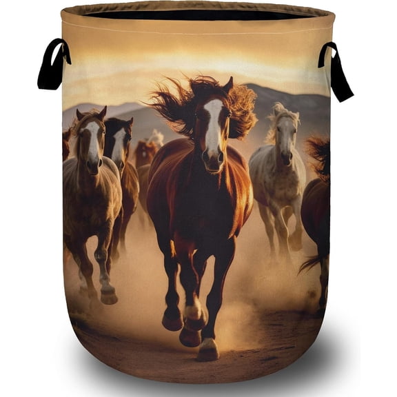 Running Horse Laundry Basket, Laundry Hamper Collapsible Oxford Cloth with Handle Clothes Storage Bin for Bathroom Laundry Room Bedroom 15.7 X 20 Inch