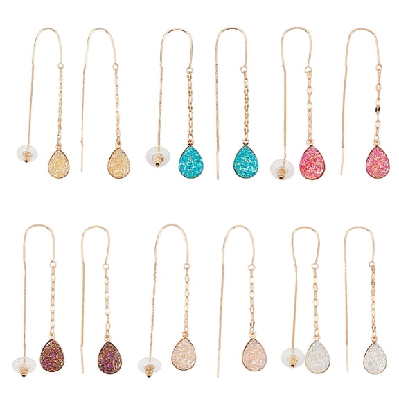 6 Pairs Threader Earrings for Women Gold Chain Threader Colorful Droplet Dangle Gemstone Earrings Natural Labradorite Gold Long Chain Lightweight Threader Earrings for Sensitive Ears DIY Mixed Color