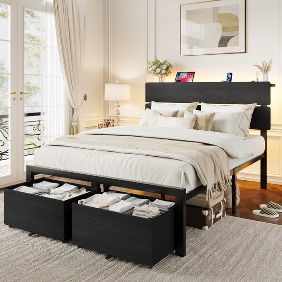 Amolife Queen Bed Frame with Storage Headboard and 2 Drawers, Platform Bed with Charging Station, No Box Spring Needed, Black
