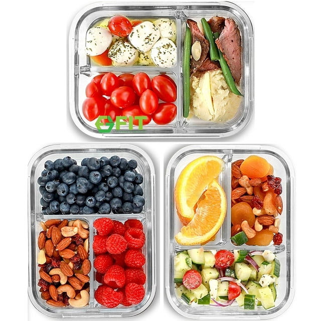 Recipientes de vidrio para preparación de comidas FIT Strong & Healthy, 960 ml (paquete de 3)
