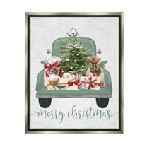Stupell Industries Merry Christmas Truck Holiday Painting Gray Floater Framed Canvas Art Print Wall Art, 17 x 21