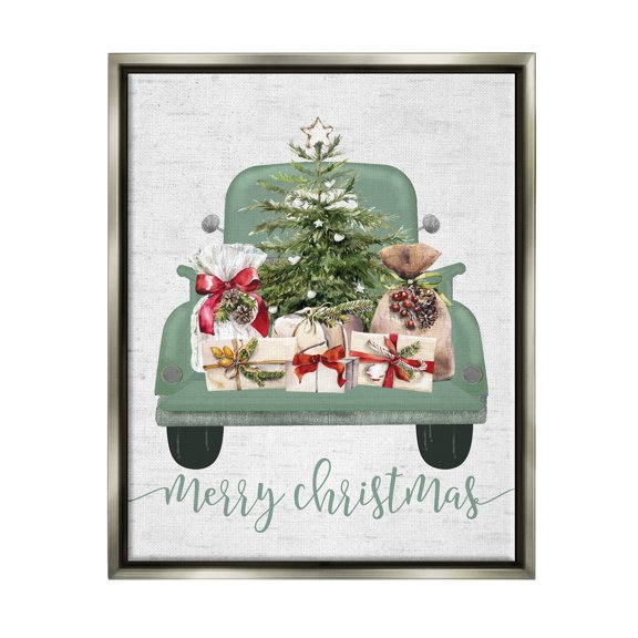 Stupell Industries Merry Christmas Truck Holiday Painting Gray Floater Framed Canvas Art Print Wall Art, 17 x 21