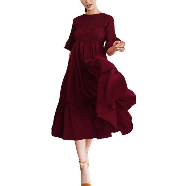 Txlixc, vestido Midi informal de verano para mujer, vestido fruncido de manga corta acampanado de Color sólido, vestido holgado de línea A a la moda Txlixc Moda