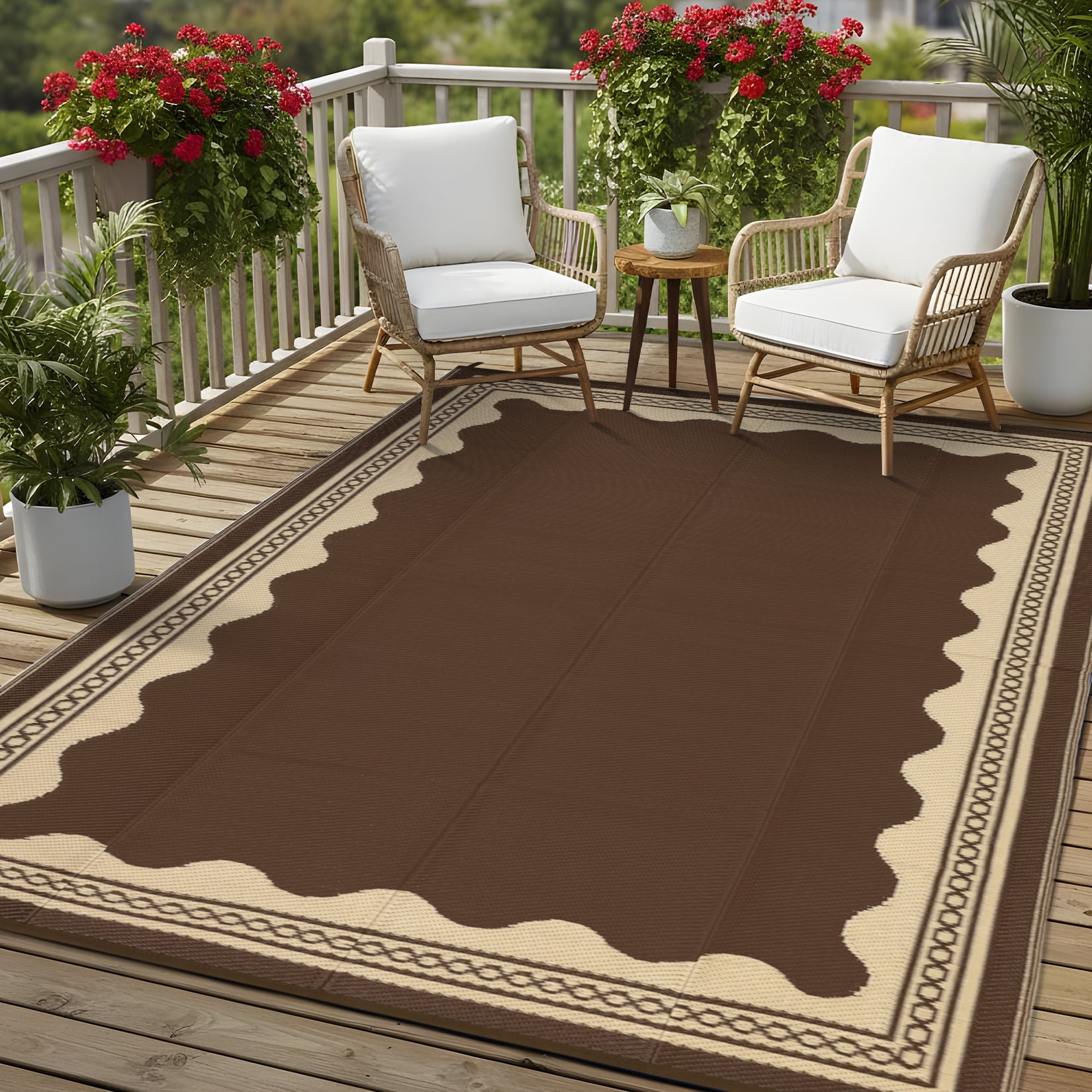 Garvee Outdoor Rug 8x10ft Modern Bordered Reversible Plastic Straw Rug, Waterproof RV Camping Rug Foldable Patio Rug for Deck Porch Balcony Backyard Picnic Beach, Brown