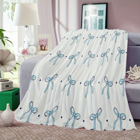 1pc Elegant Bow Pattern Flannel Blanket - Soft, Warm & Plush, Light Blue with White Bows, Perfect for Living Room, Bedroom, Travel & Camping, All-Season Cozy Home Decor, Travel Blanket | Elegant Bow