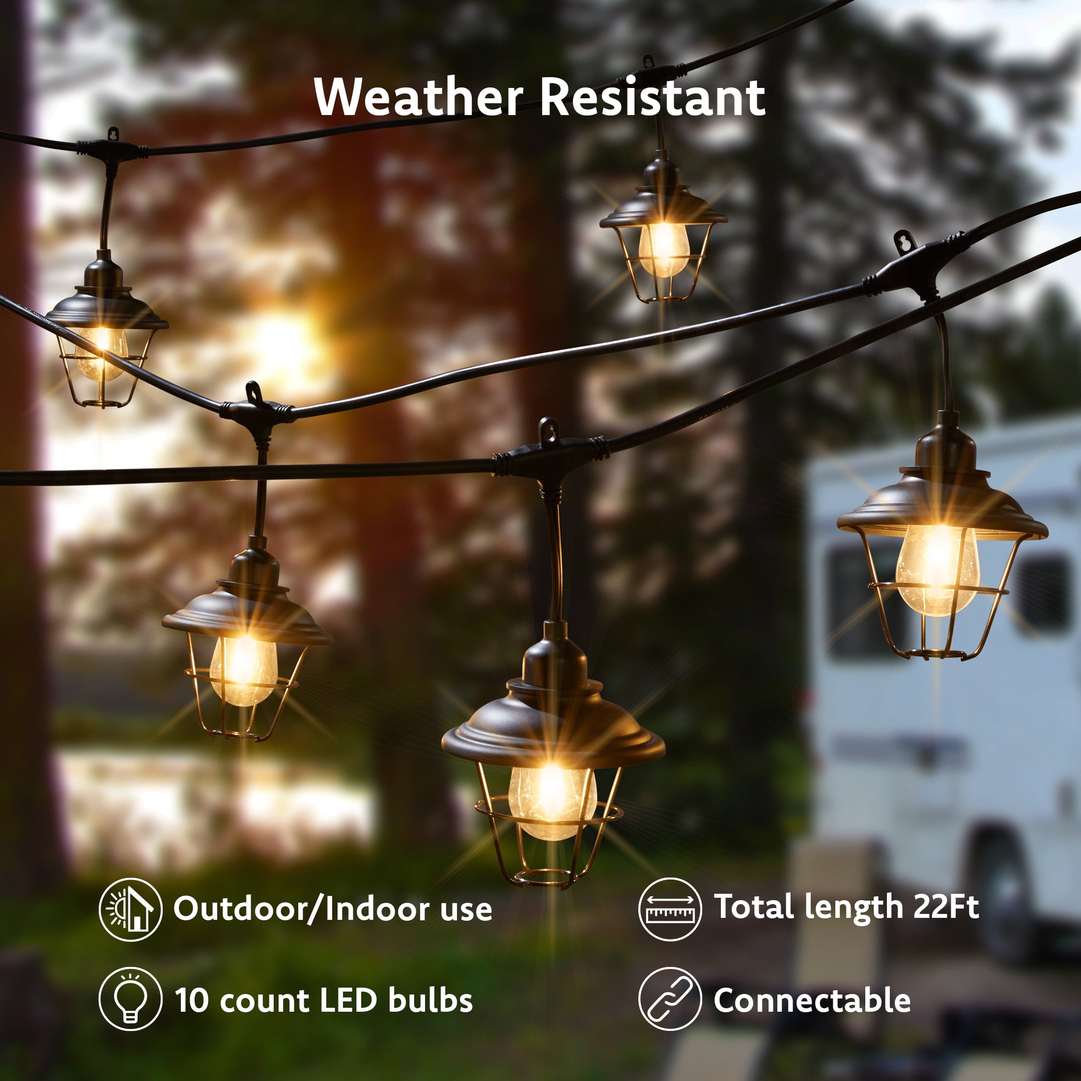(2 pack) AutoDrive 120 Volts 10 Count Warm White LED Retro Metal Outdoor RV String Light