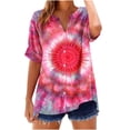thumbnail image 2 of JTZGDY Linen Shirts for Women Casual Short Sleeve Tie Dye Gradient Color Print Button Down V Neck Graphic T-Shirts Trendy Bleached Beach Vacation Tees Tops Pink#01 L, 2 of 5