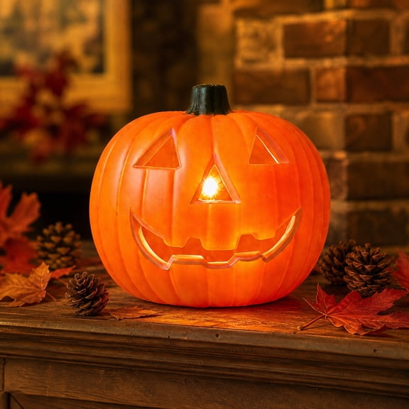8 Inch Light Up Halloween Pumpkin Lantern, Classic LED Jack-O-Lantern Decor, Battery Operated Waterproof Pumpkin Lamp, Spooky Light for Indoor Outdoor Halloween Party Yard