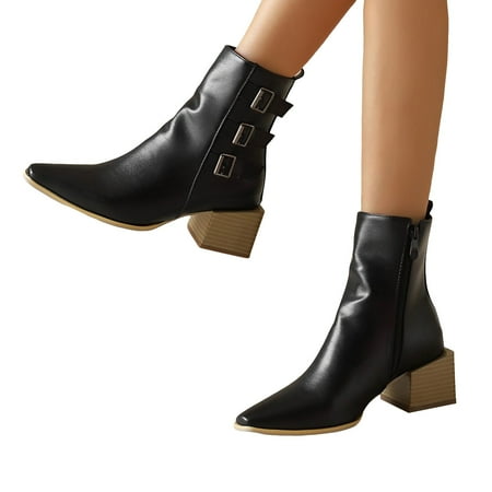 Oyedens Dress Shoes for Women Fashion Leather Pointed Toe Mid Heels Ankle Booties Winter Fall