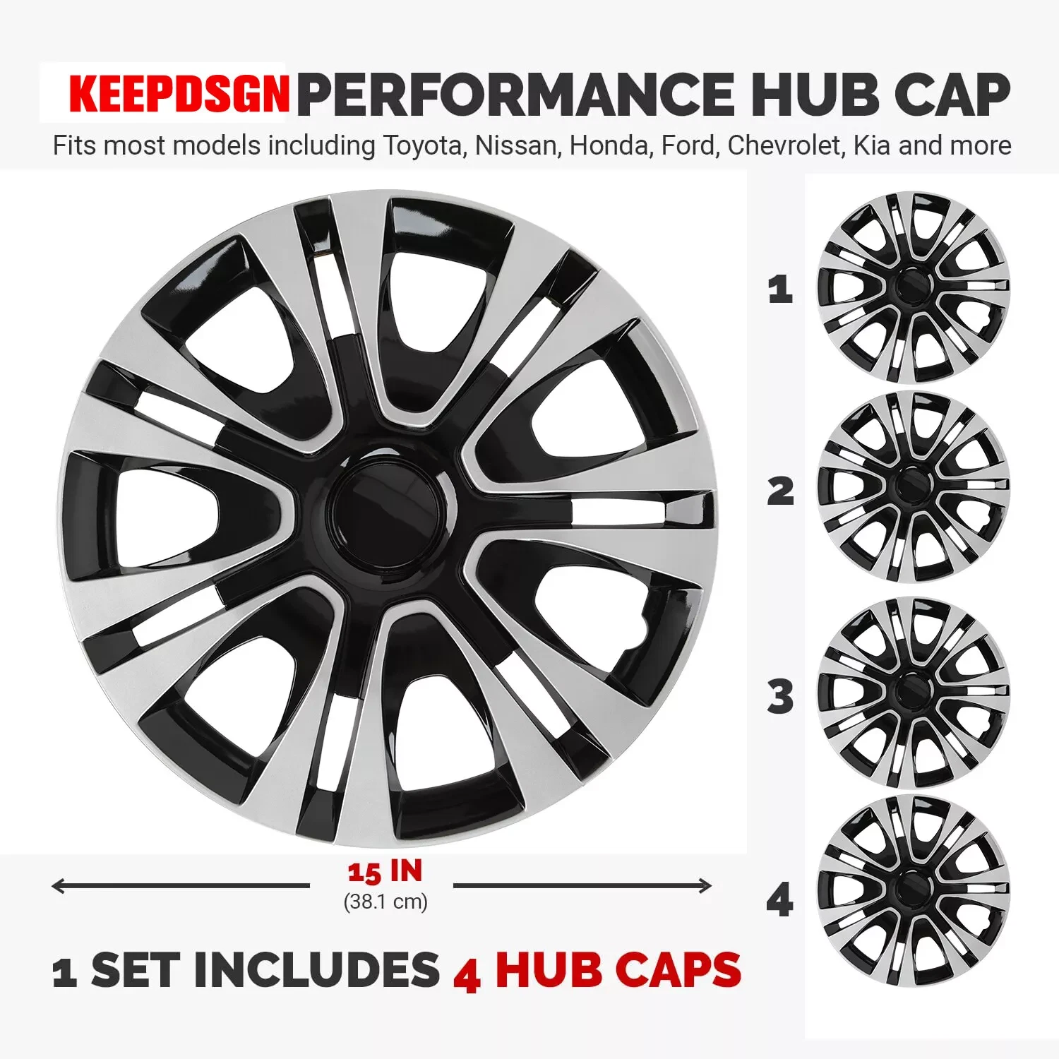 4 pack 15" Black with Silver Hubcap Wheel Cover Replacement Kit 15" Hub Caps Wheel Rim Cover Car Exterior Accessories
