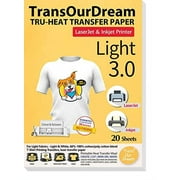 TransOurDream Tru-Heat Transfer Paper for Inkjet & Laserjet Printer (20 Sheets 8.5x11, 3.0) Printable HTV Heat Transfer Vinyl for T Shirts Iron on Transfers for Light Fabrics (TRANS-L3-1-20)