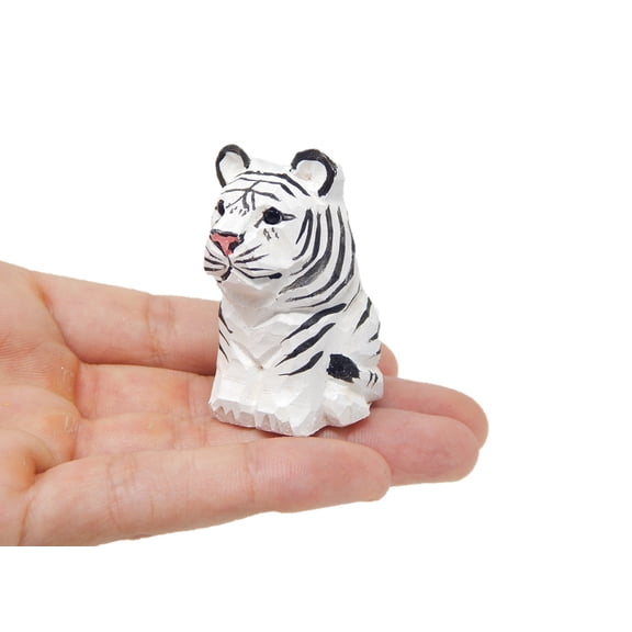 White Tiger Figurine Decoration Wooden Statue Snow Bleached Albino Art Cat Bengal Striped Miniature Carved Small Animal Sculpture