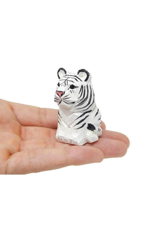 White Tiger Figurine Decoration Wooden Statue Snow Bleached Albino Art Cat Bengal Striped Miniature Carved Small Animal Sculpture