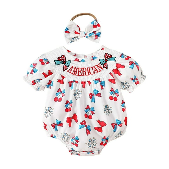 Staki My First Fourth of July Baby Girl Outfit 4th of July Toddler Baby Girl Outfits American Flag Smocked Bubble Romper July 4th Ruffle Sleeve Patriotic Clothes 0-18M(White,12-18 Months)