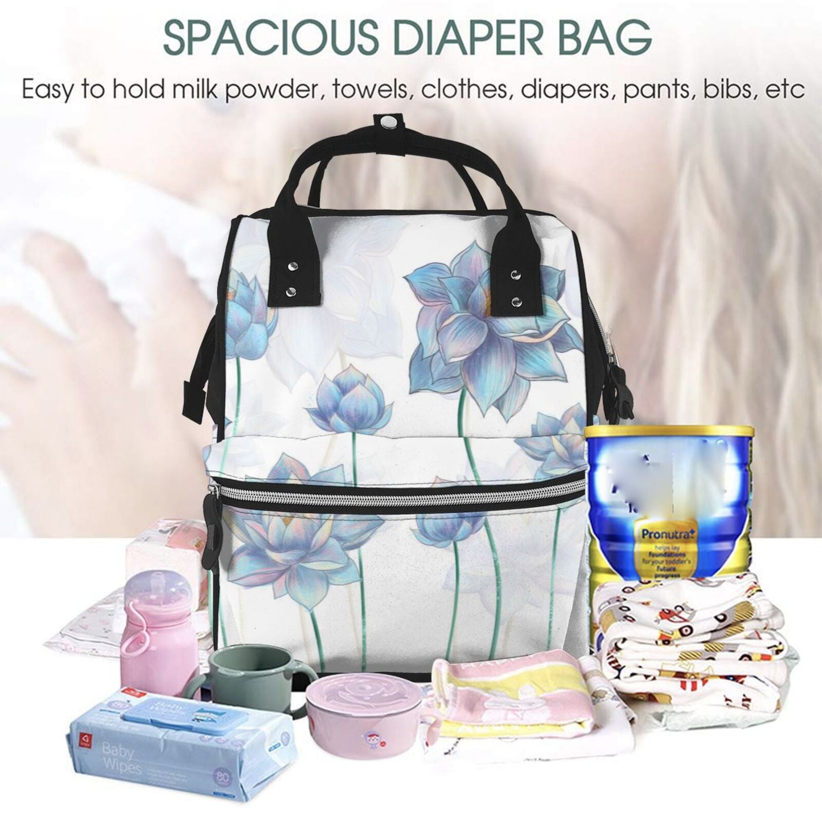 Ratiio Pale Blue Lotus Flowers Mummy Backpack - Waterproof Twill Canvas, Large Capacity Diaper Bag with Multiple Pockets and Adjustable Straps