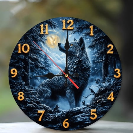 Wolf Howling Moon Night Forest Wall Clock 10-Inch Silent Wooden Wall Clock, Battery Operated (AA Batteries Not Included), Artistic Home Decor