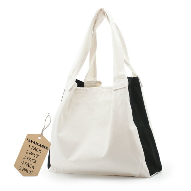 EcoJeannie (2 Bags) 100% Cotton Canvas Reusable Tote Bag w/Inner Pocket, Gusset and Closure Strips, Multi Use bag, Shoulder Bag, Travel Tote, Picnic Bag, 24-7 Bag, School Bag