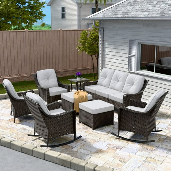 INTER HUT Stone Creek Patio Outdoor 8 Piece Wicker Rocking Chair Set, 3-seat sofa, Single Chair, Side Table, Ottomans, Beige Cushions