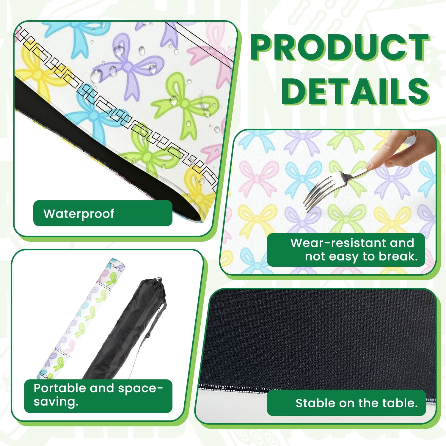 Mahjong Mat 31.5" x 31.5" Colorful Pastel Bow Soft Pink Blue Yellow Green Bows White Non-Slip Noise Reduction American Mahjong Tiles Table Cover for Dominoes Poker Card Board Games Gift