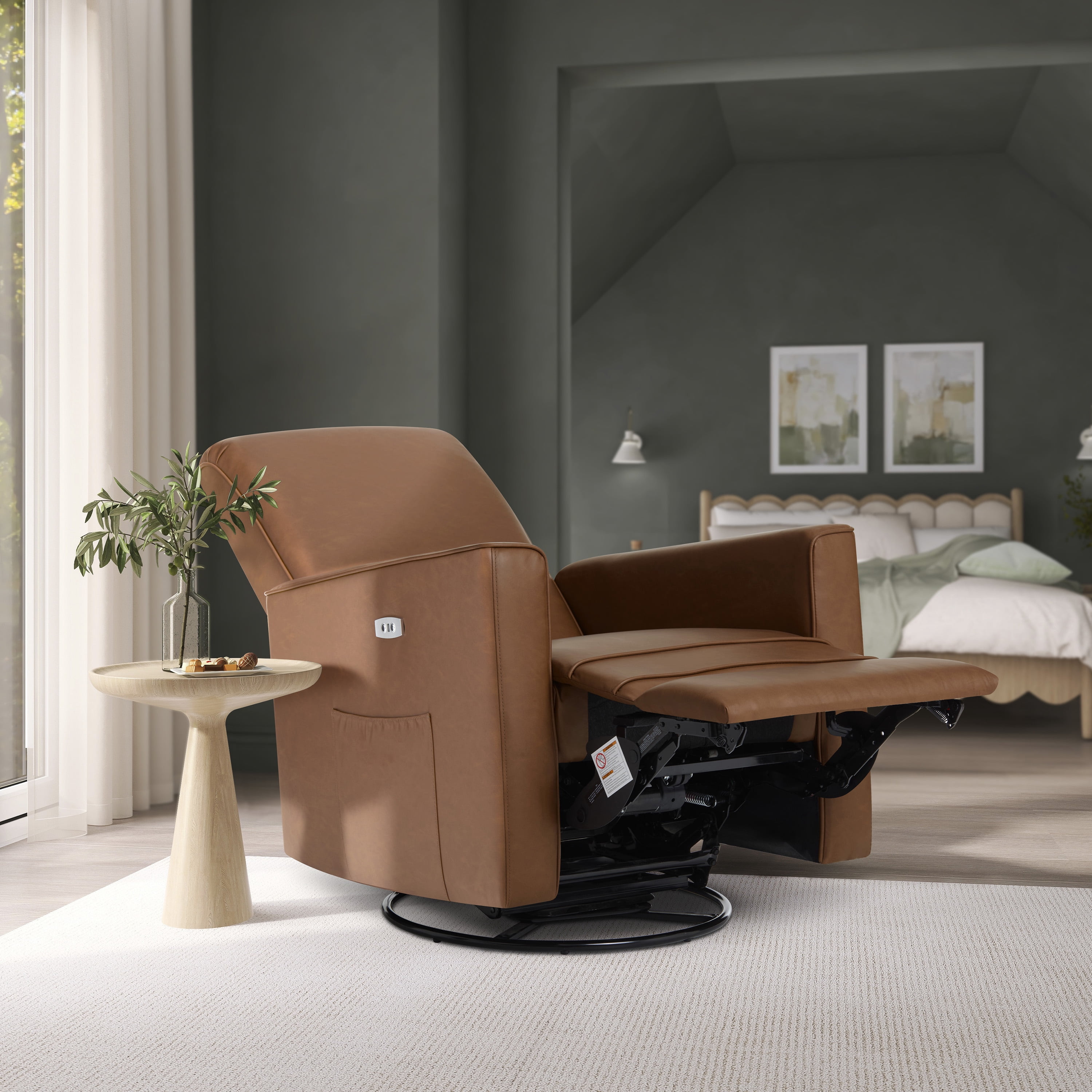 Evolur Harlow Deluxe Upholstered Plush Seating Glider Swivel, Power Recliner with USB Port, Greenguard Gold Certified, Glider Chair for Nursery, Cognac