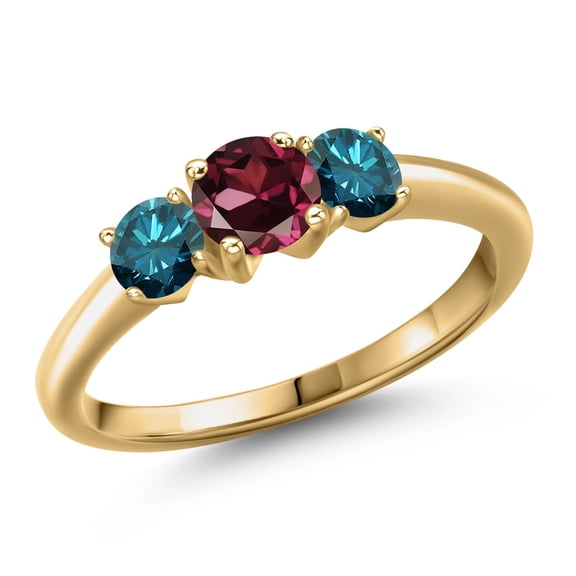 Gem Stone King 18K Yellow Gold Plated Silver Red Rhodolite Garnet and Blue Diamond Engagement Ring for Women | 1.14 Cttw | Round 5MM | Gemstone January Birthstone | Size 5