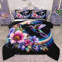 Homewish Animal Hummingbird Full Size Comforter Sets 3-Piece for Female Men,Boho Floral Moon Bedding Comforter Set,Chic Flowers Lightweight Bedding Sets,Microfiber Bedroom Decor,Reversible