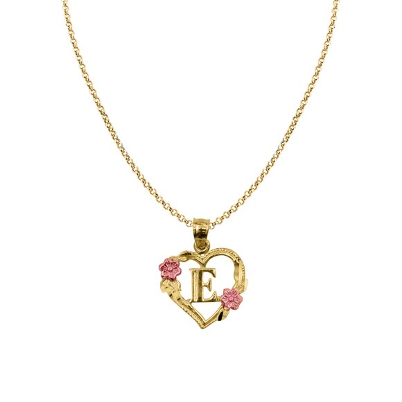 14k Two-tone Gold Flower and Heart-shaped Initial 'E' Pendant with 1.2mm Rolo chain