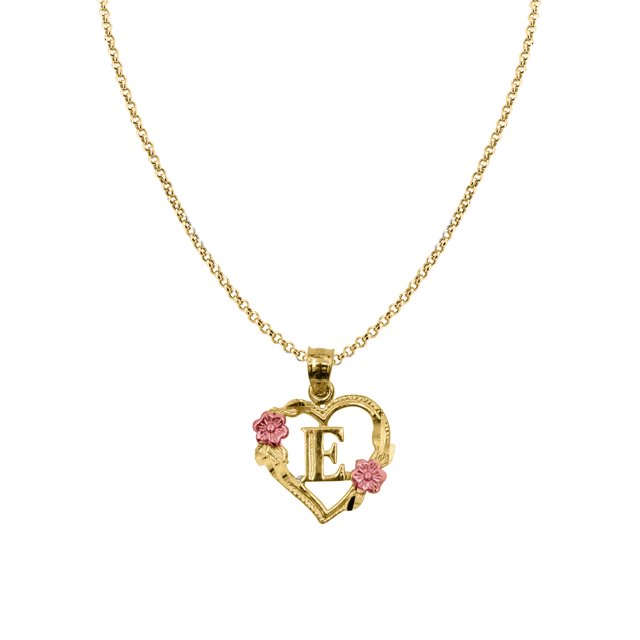 14k Two-tone Gold Flower and Heart-shaped Initial 'E' Pendant with 1.2mm Rolo chain