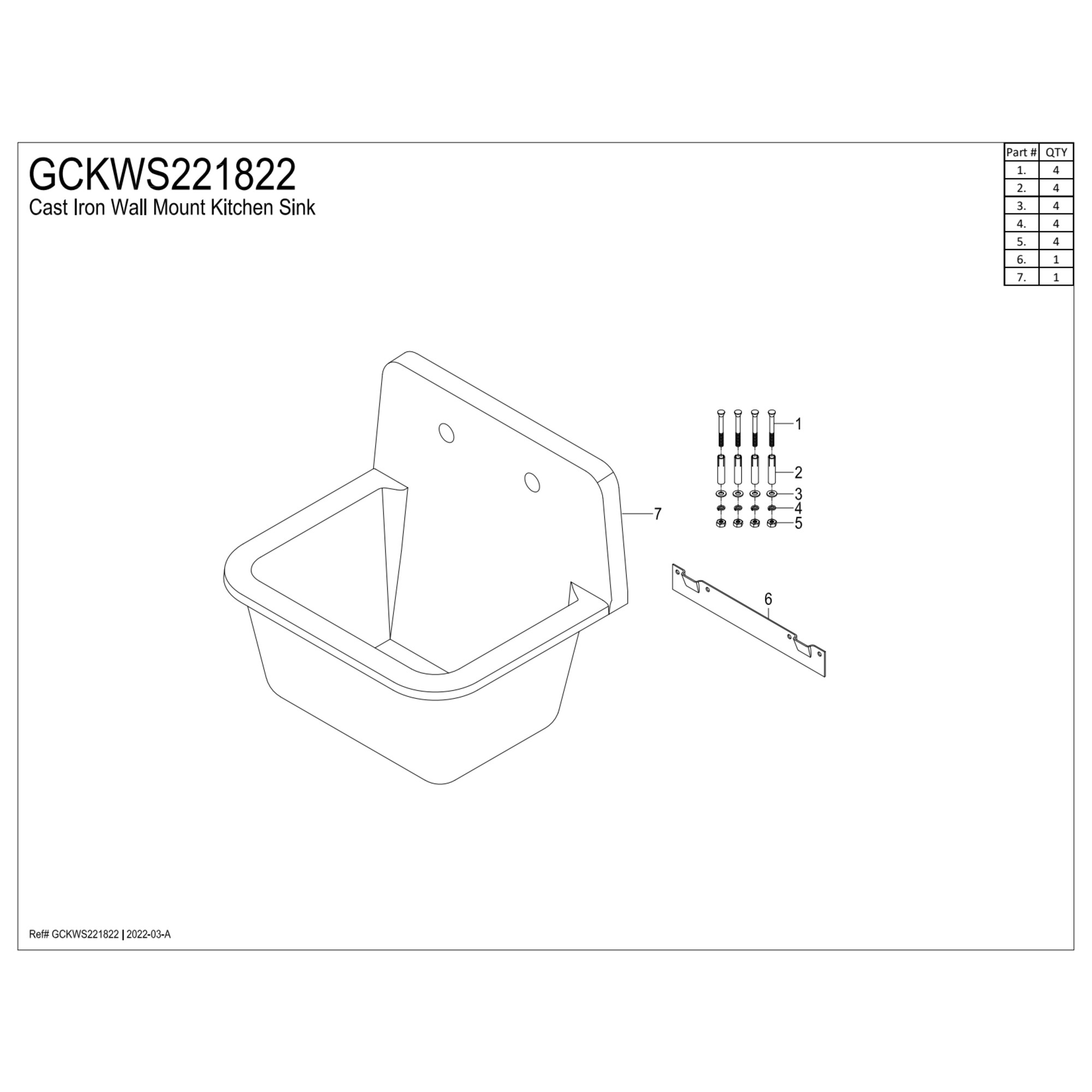 Fauceture GCKWS221822 Petra Galley 22" Cast Iron Single Bowl Wall Mount Kitchen Sink (2-Hole), White