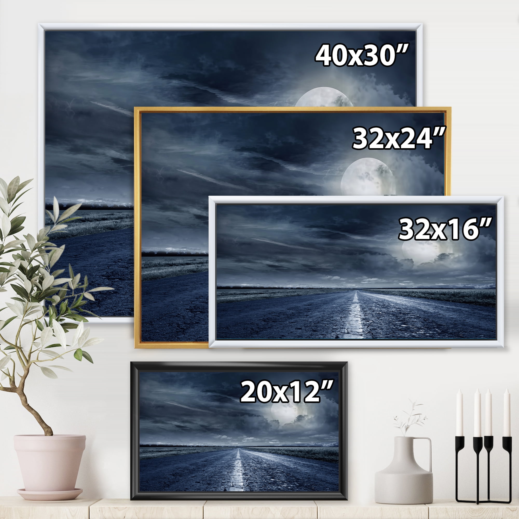 Designart 'Cloudy Full Moon Over Asphalt Road II' Nautical & Coastal Framed Canvas Wall Art Print