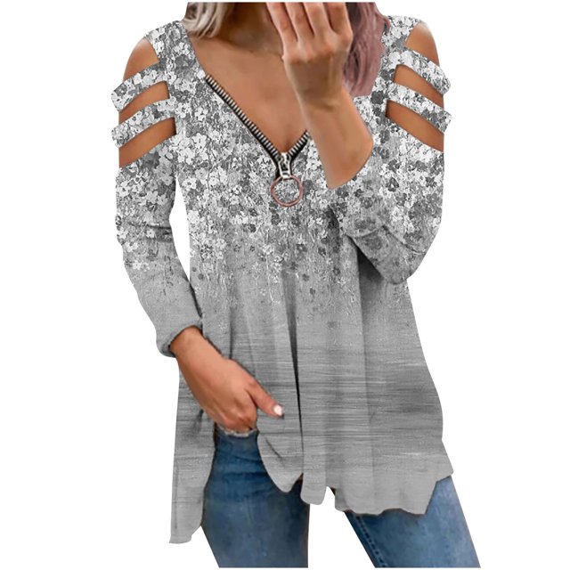 Moda Mujer Cuello en V Manga larga Tops Camiseta Estampado Cremallera Blusa suelta Pompotops gfhjh5387